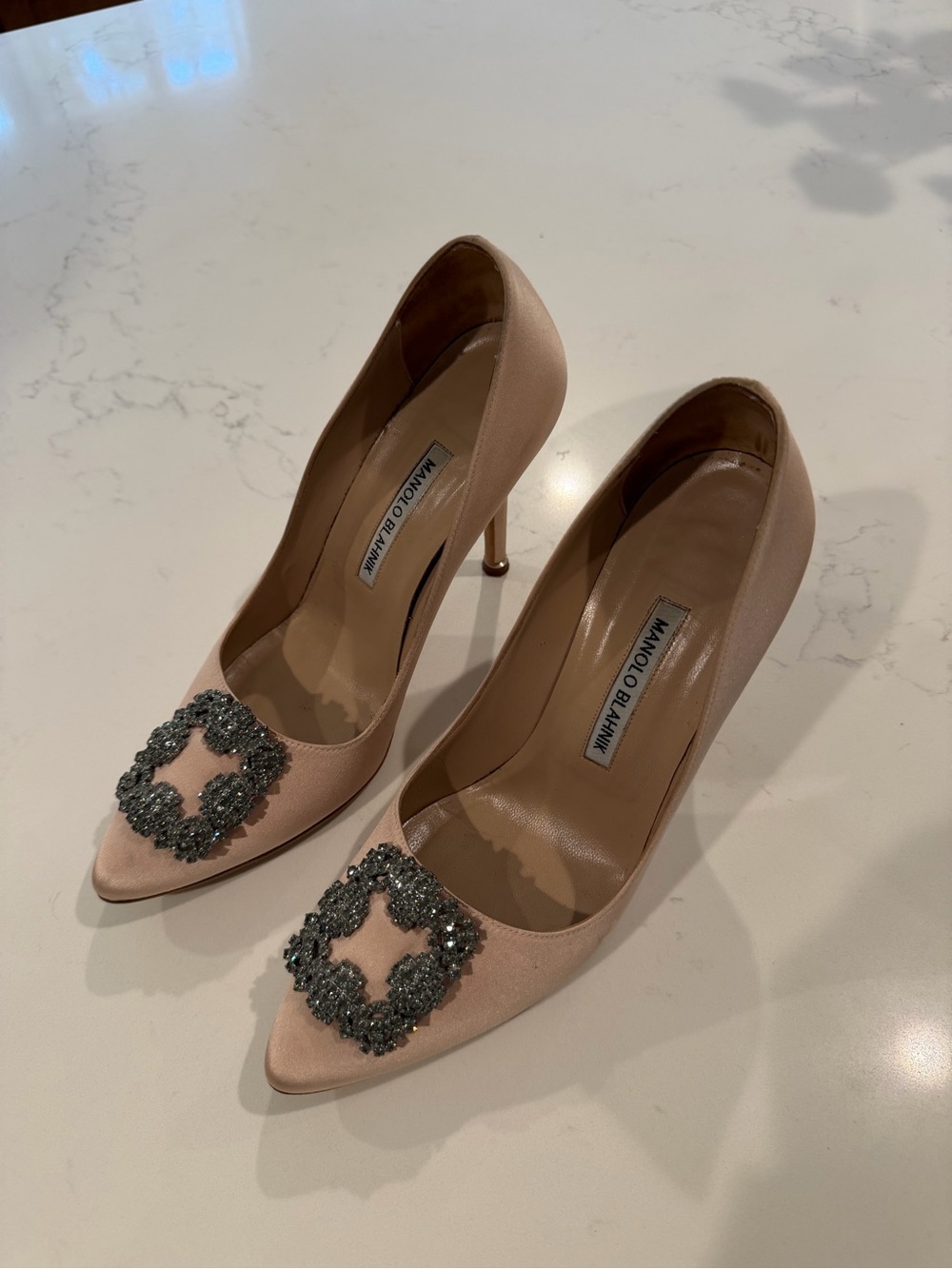 Manolo Blahnik Blush Pink Satin Pointed-Toe Pumps with Crystal Buckles